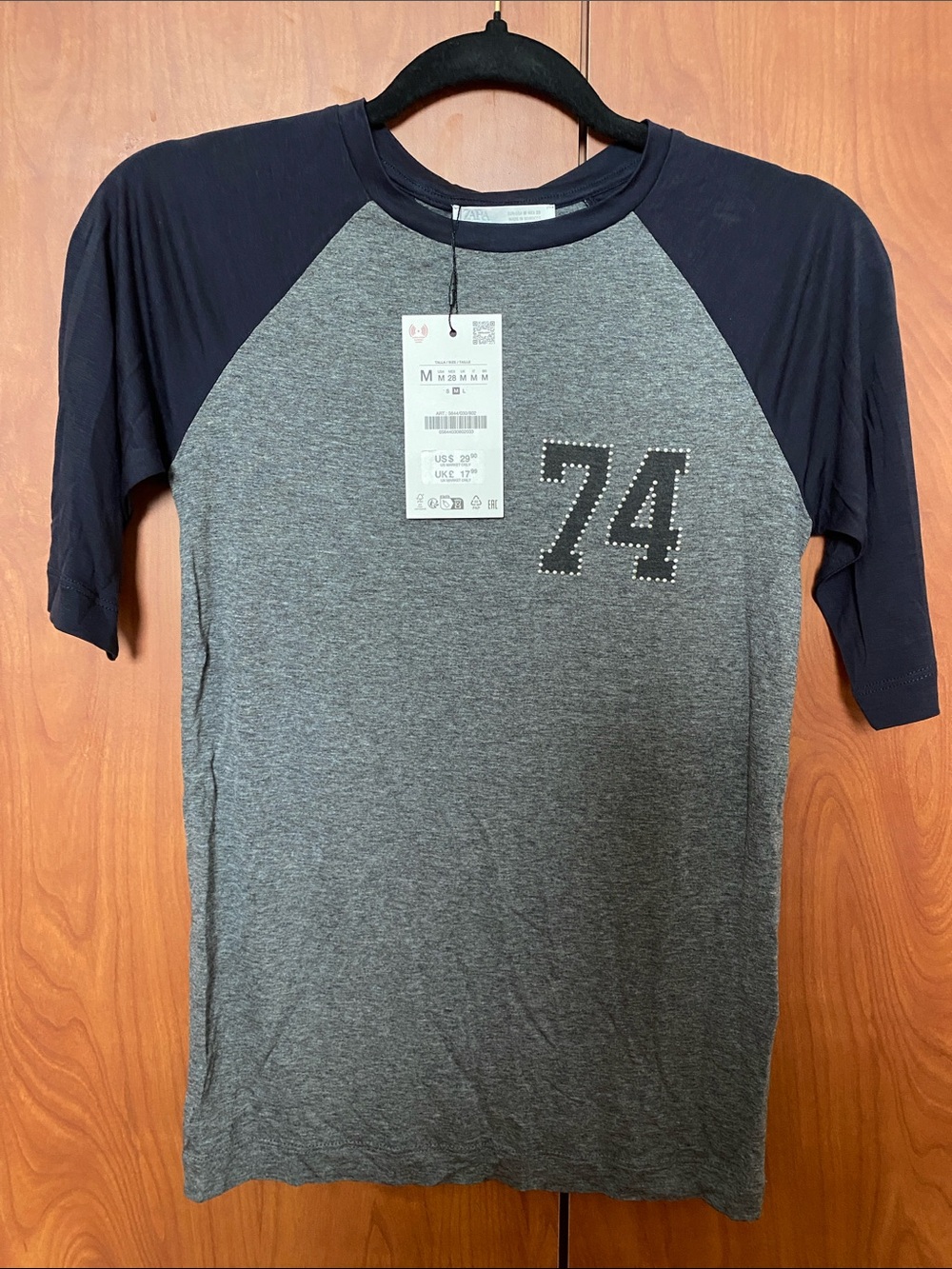 Zara Short-Sleeve Raglan Tee in Gray and Navy with '74' Detail